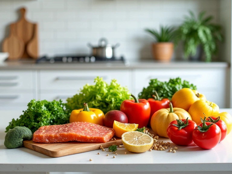 Vibrant healthy food spread on a clean, modern kitchen counter