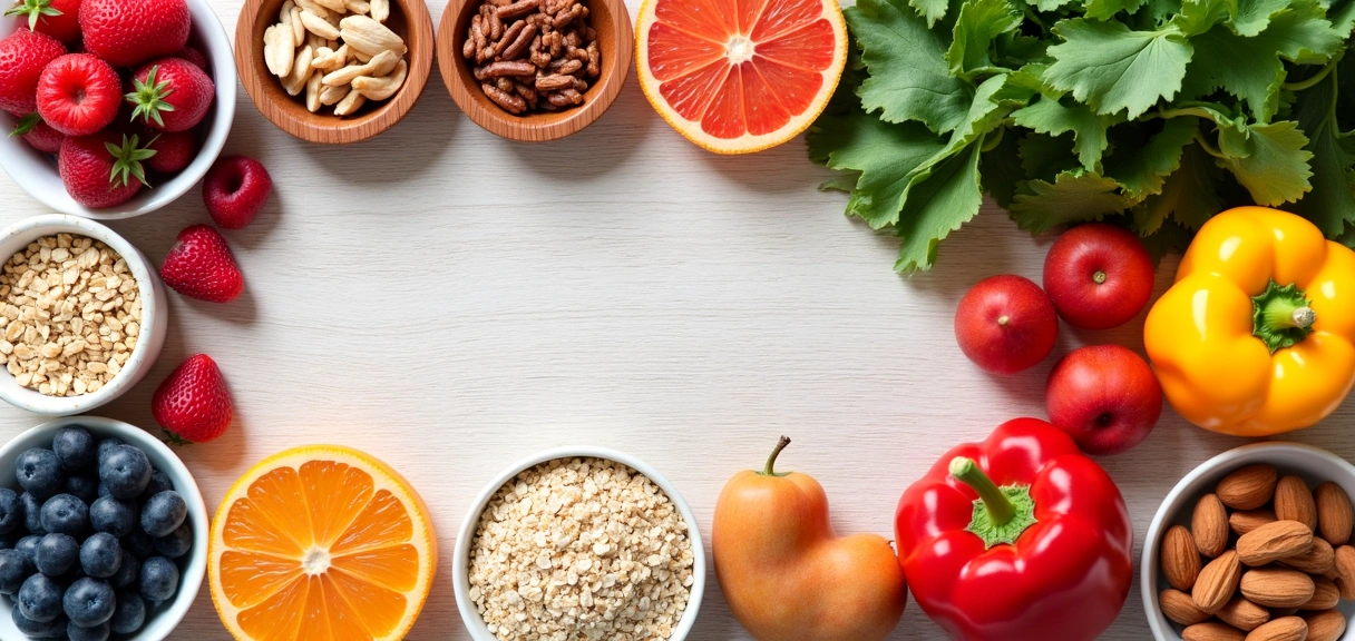 A clean, modern arrangement of various healthy food items like fruits, vegetables, nuts, and whole grains, aesthetically displayed on a light wooden table.
